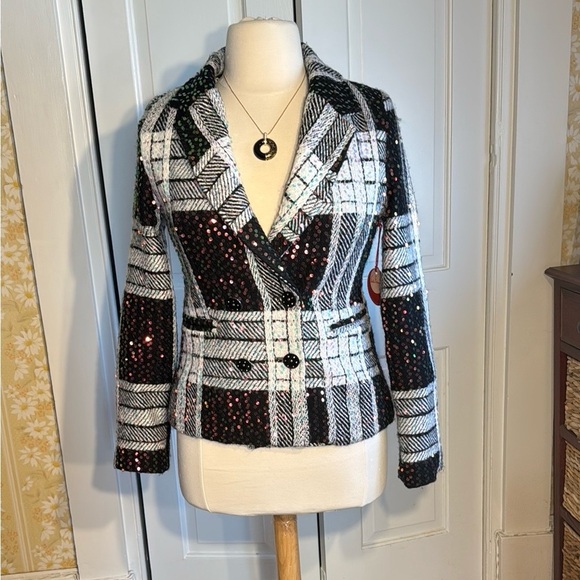 Gorgeous NWT Eva Franco Women's Black and White Sequined Tweed Jacket Lined - Picture 5 of 15